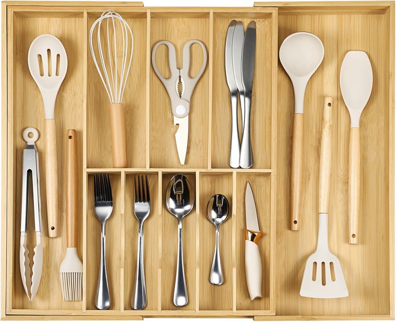 Fabsome Silverware Organizer for Cabinet Drawer, Expandable from 16.7'' to 30'' Wide Bamboo Wood Flatware Tray for Large Kitchen Drawers, Cutlery Utensil Holder - Image 1